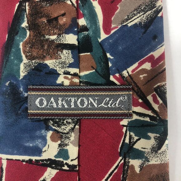 Vintage OAKTON Ltd. 100% Silk Tie Abstract Geometric Art Deco Style Red Blue Bro - Picture 5 of 6